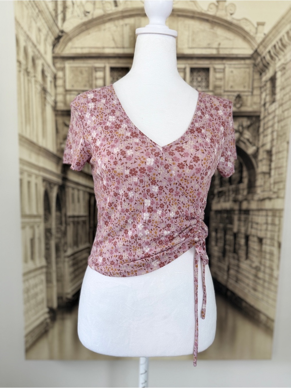 Preloved Floral V-Neck Side Tie Top - Pink